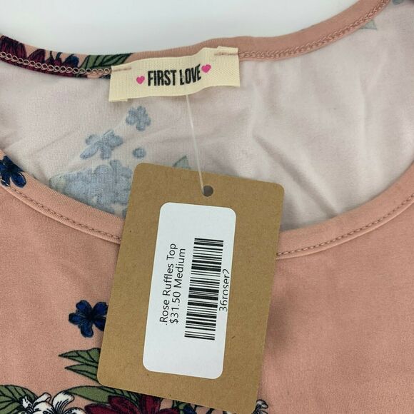 NWT First Loce Womens Rose Ruffle Top Floral Short Sleeve Pink Sz M - Picture 2 of 6